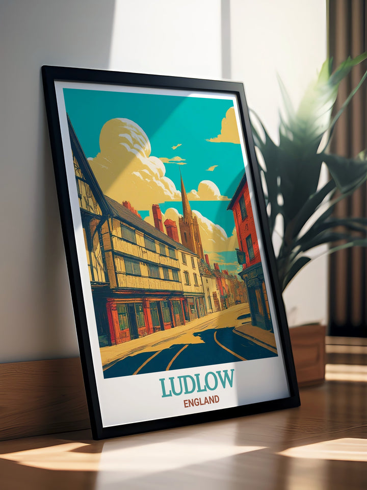 Bring a piece of Ludlow into your home with this Broad Street art print. The travel poster showcases the towns iconic architecture, perfect for those who appreciate English history and scenic landscapes.