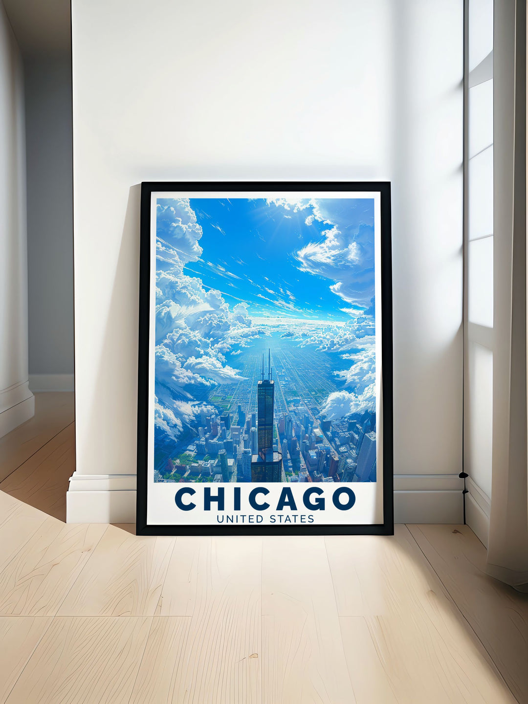 A vibrant Chicago skyline poster featuring Willis Tower in the background perfect for adding a touch of city charm to your home decor and making a unique Chicago gift with a detailed city map and vintage style.