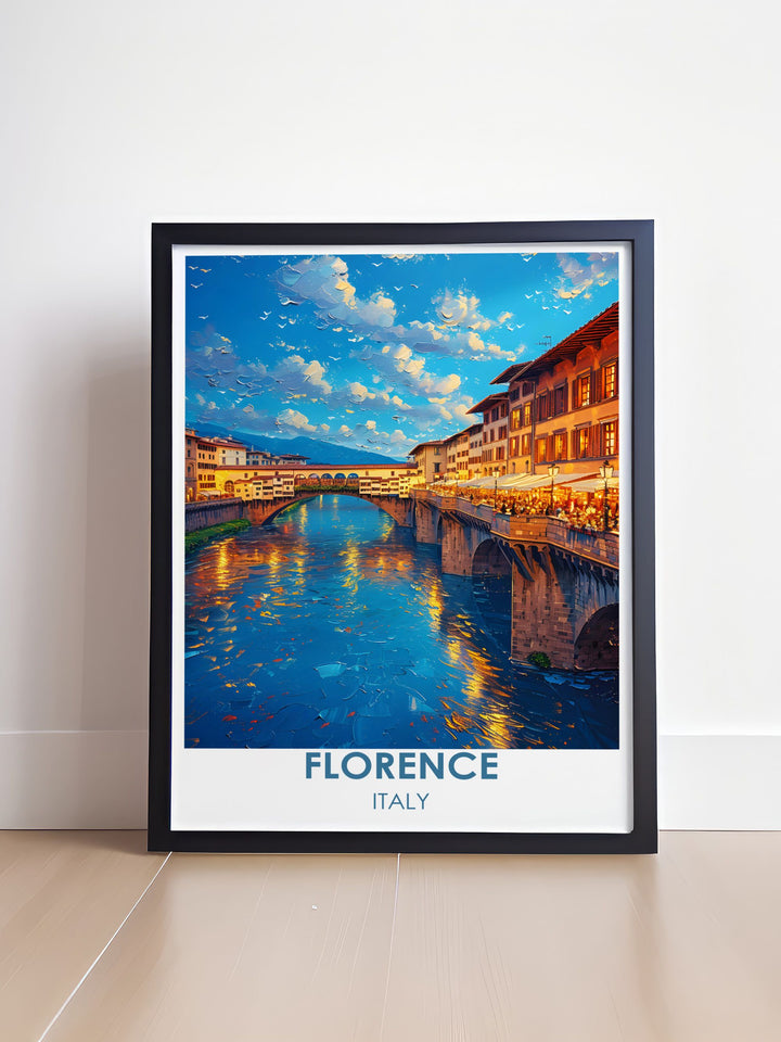Framed art capturing the dynamic spirit of Ponte Vecchio, reflecting the blend of history and culture in Florence.
