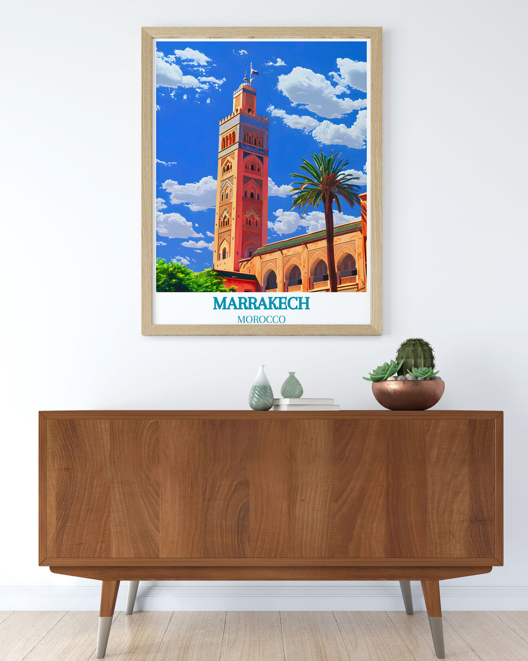 This art print highlights the picturesque scenery of Marrakech, from its historic mosques to its lively markets, making it a perfect addition to your cultural art collection.