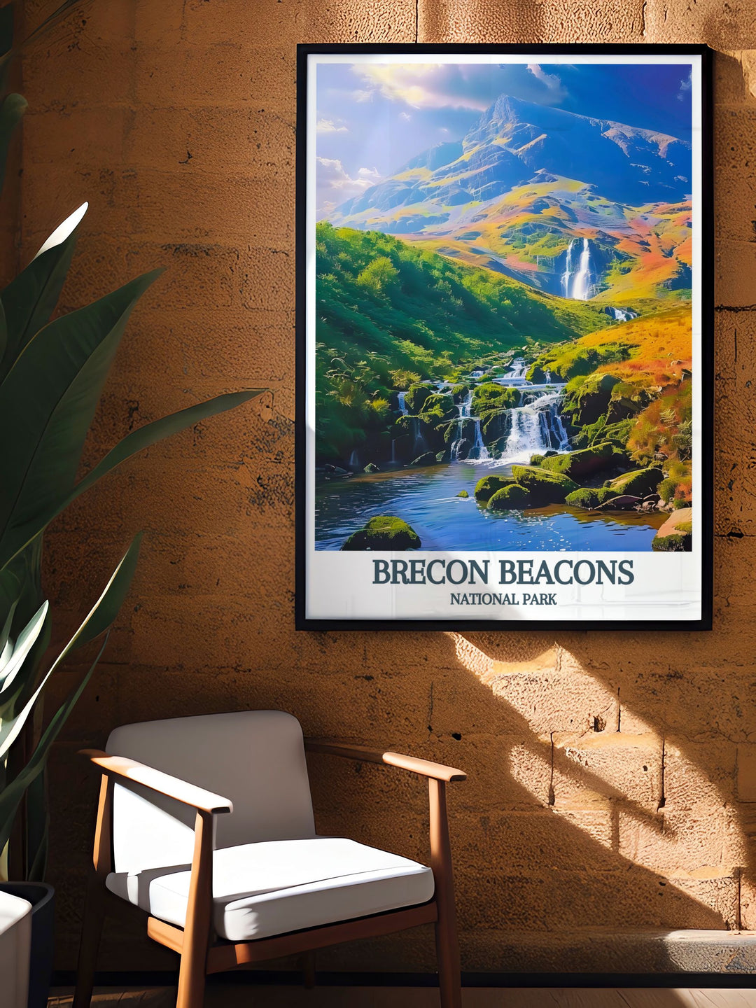 Welsh wall art featuring the majestic Brecon Beacons National Park. This print highlights the rugged beauty of Pen Y Fan and Corn Du with a vintage inspired design perfect for enhancing any room in your home