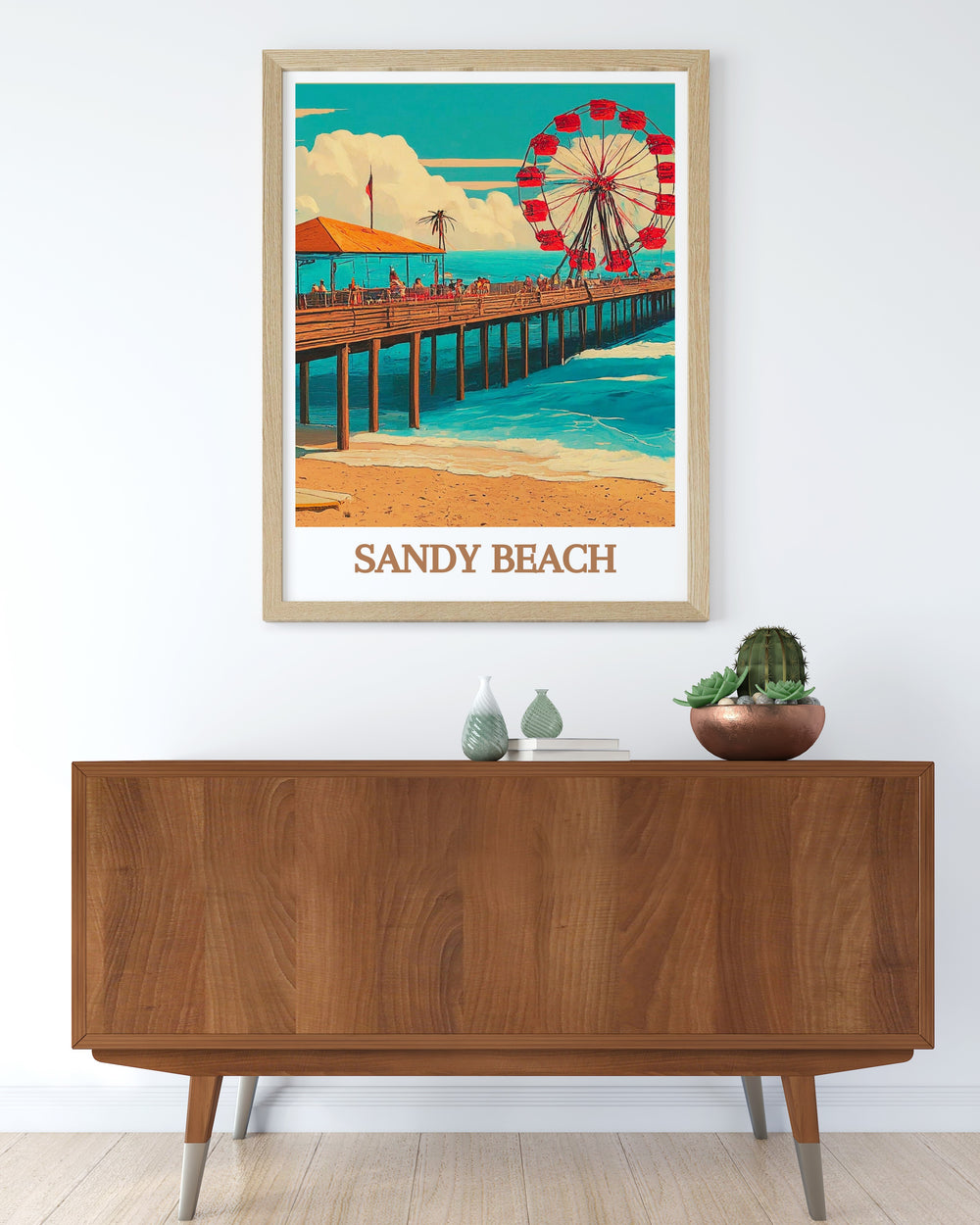 Colorful Sandy Beach Pier Framed Print showcasing a vivid beach landscape with a focus on the pier and surrounding area perfect for enhancing your home decor with its stylish and sophisticated design