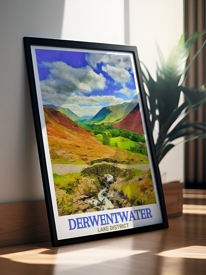 This Lake District Travel Poster beautifully illustrates Derwentwater and Ashness Bridge, offering a scenic view perfect for home or office decor. The artwork captures the essence of the Lake Districts natural beauty.