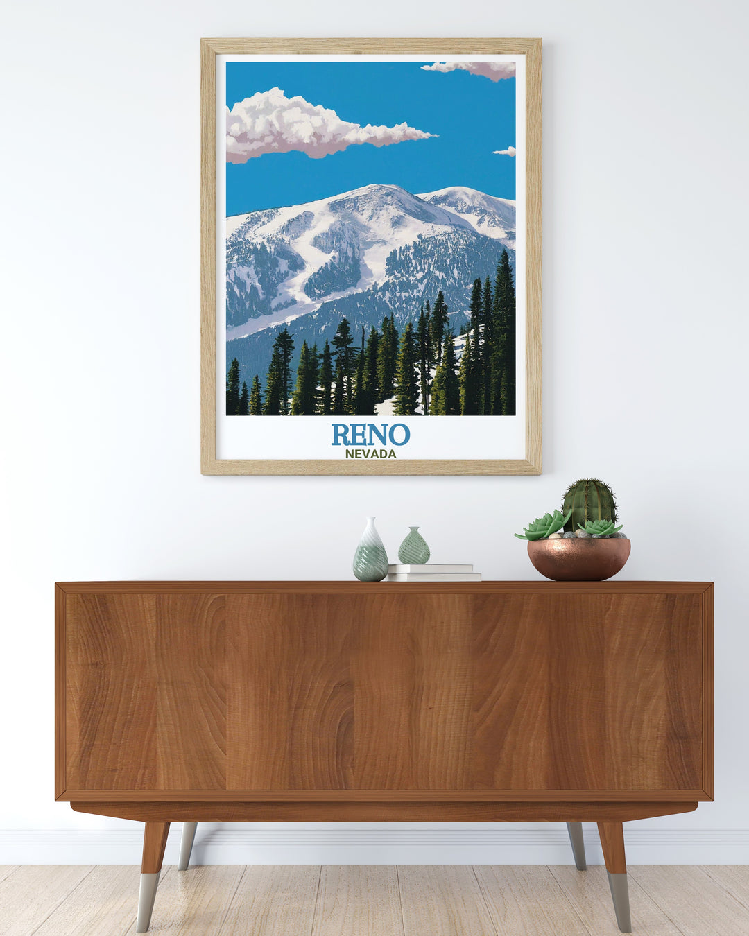 A detailed vintage poster featuring Mt. Rose Ski Tahoe, nestled in the Sierra Nevada mountain range. This travel art print showcases the scenic beauty of the Nevada ski slopes and is perfect for winter sports enthusiasts looking to add a touch of adventure to their decor.