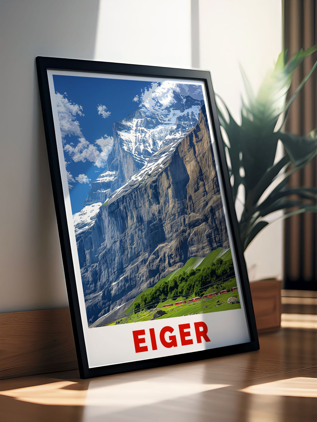 Eiger wall art featuring the breathtaking views of Jungfrau Switzerland and the surrounding alpine scenery a beautiful addition to any home decor bringing the majesty of the Swiss Alps into your living space.