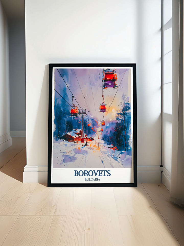 Captivating Borovets travel poster featuring the alpine resort and the Yastrebets Express gondola, perfect for adding Bulgarias natural charm and skiing culture to your decor.