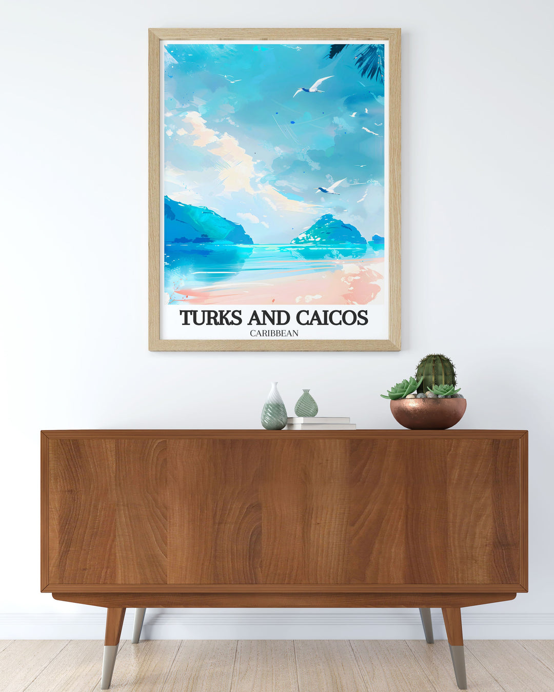 Enjoy the beauty of the Caribbean every day with this travel poster from Turks and Caicos. The artwork captures the peaceful waters of Chalk Sound and Sapodilla Bay, offering a relaxing coastal vibe for any room in your home.