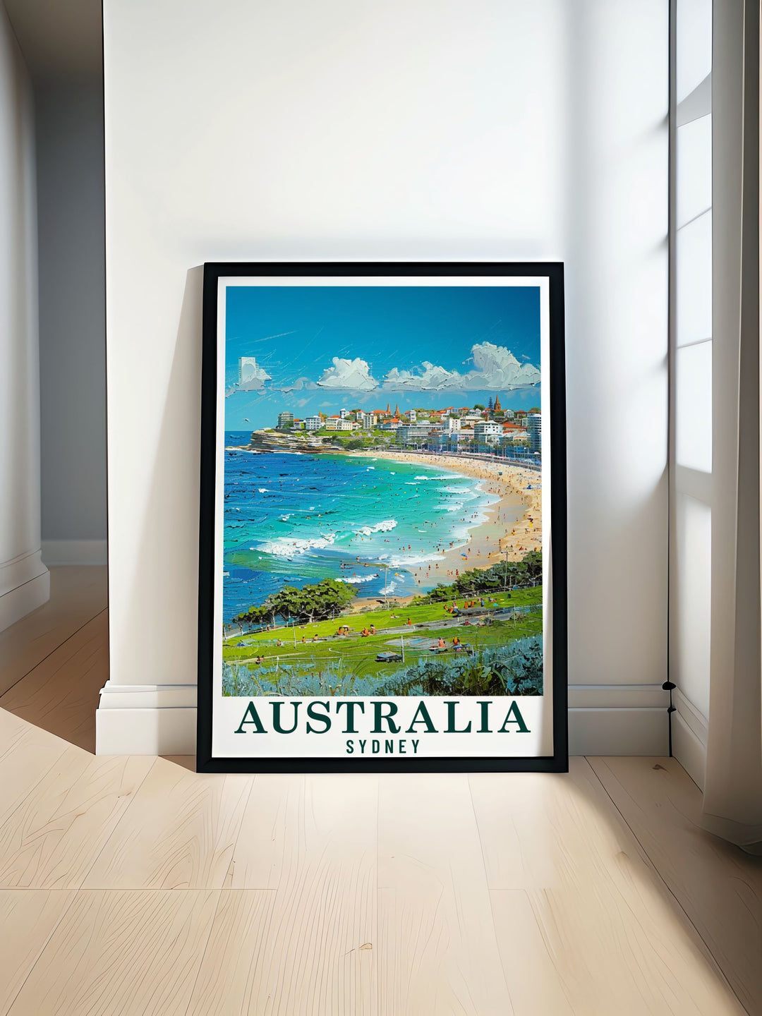 The iconic Bondi Beach, with its bustling boardwalk and azure waters, is captured in this detailed illustration, offering a glimpse into Sydneys vibrant beach culture.