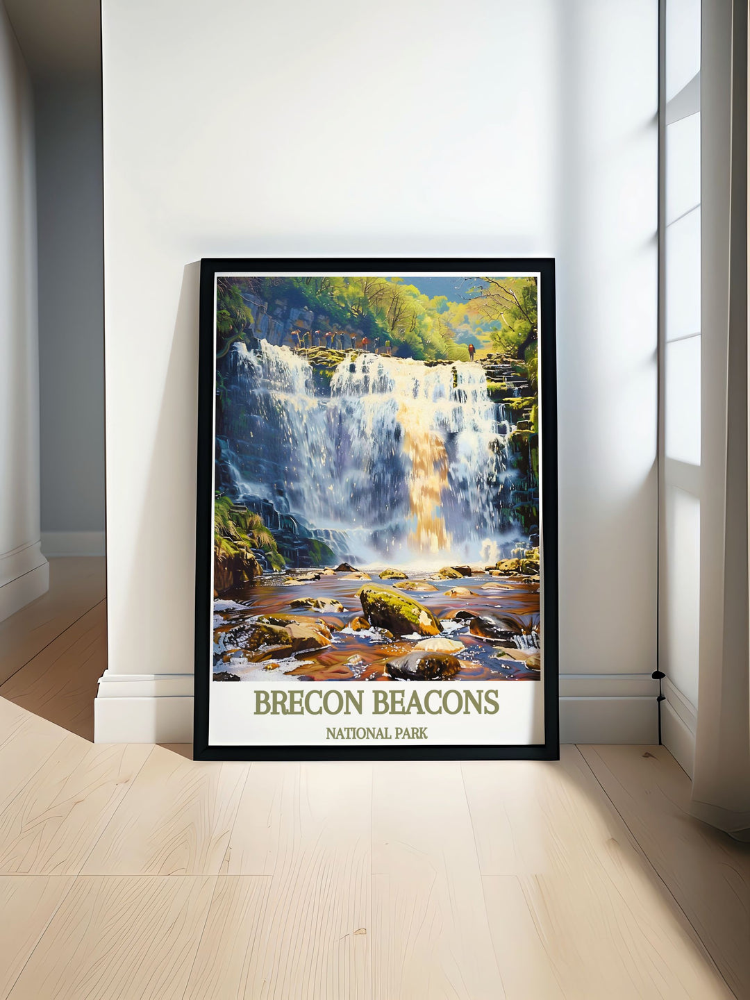 Stunning wall art featuring Sgwd yr Eira waterfall in the Brecon Beacons National Park. This captivating piece showcases the serene beauty of the cascading waters surrounded by lush greenery, bringing a touch of South Wales natural splendor to your home decor.
