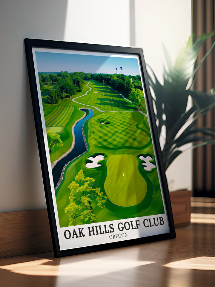 Perfect for decorating golf clubs, offices, or homes, this Oak Hills Golf Club travel print showcases the elegance of the sport. The detailed design highlights the 18 hole courses natural beauty, making it a standout piece for any golfers collection.