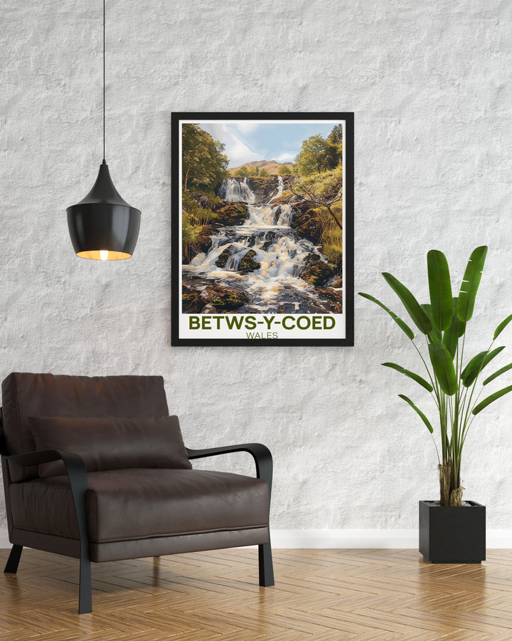 Wales wall art of Betws y Coed capturing the natural beauty and rich cultural history of this enchanting village perfect for enhancing your home decor Swallow Falls is prominently featured for a stunning visual appeal.
