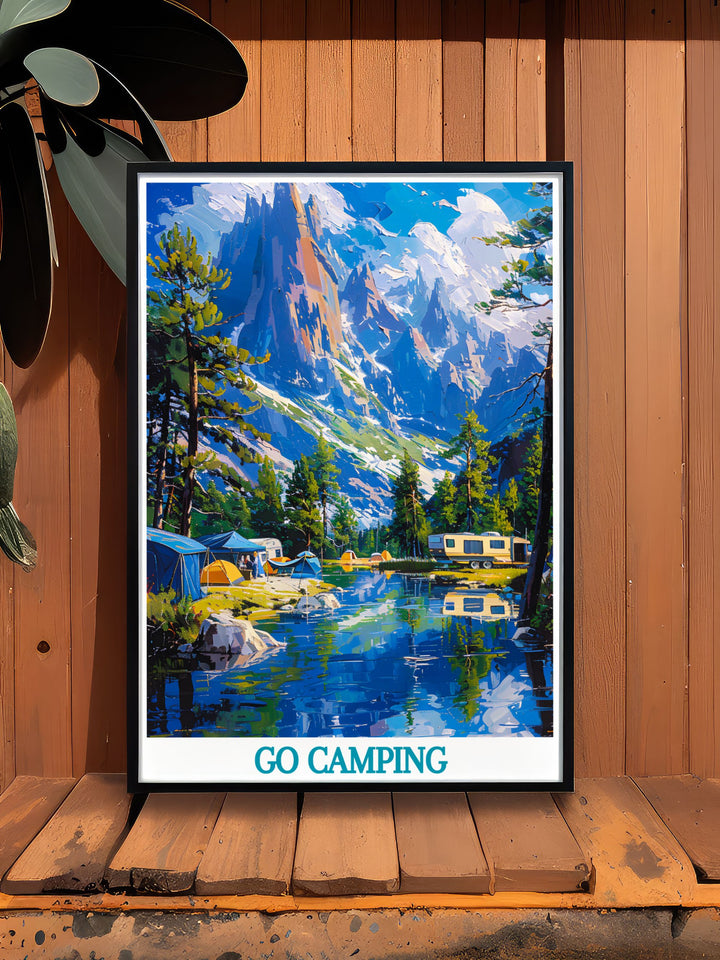 Home decor print featuring a camper van by a mountain, showcasing the scenic beauty and peaceful retreat of camping by the peaks, a wonderful addition for any room.