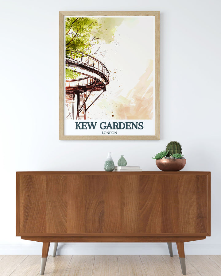 Treetop Walkway and Arboretum Vintage Poster highlights two of Kew Gardens most iconic features in a beautifully detailed black and white design. This art print is a celebration of nature and architecture, making it the perfect gift for travelers and art lovers alike.