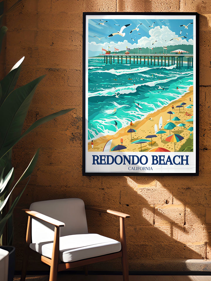 Redondo Beach vintage poster featuring the Redondo Beach Pier and Palos Verdes Peninsula, celebrating the charm and beauty of Southern California. This custom print is perfect for anyone who loves the beach, travel, and the relaxed vibe of the California coast.