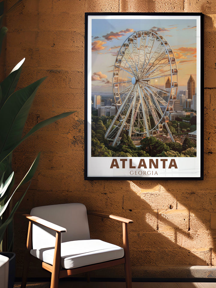 SkyView Ferris Wheel stunning prints are perfect for enhancing your home decor. This Atlanta travel poster makes an ideal gift for any occasion. Perfect for those who appreciate cityscapes and want to add a modern piece of art to their collection.