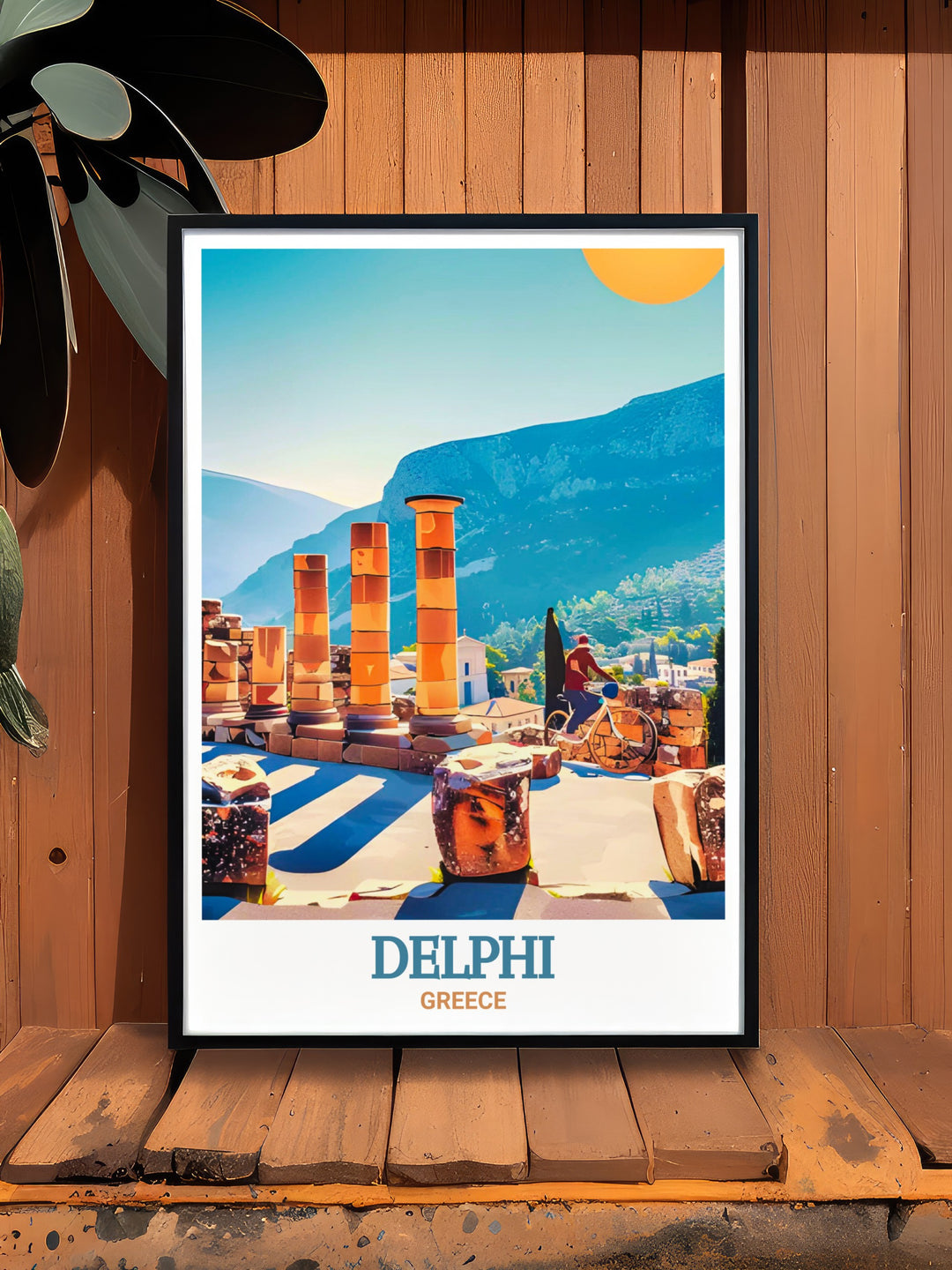 Temple of Apollo travel print highlighting the architectural grandeur of one of Delphis most significant landmarks. This Greece wall art captures the temples serene surroundings, offering a window into the spiritual heart of ancient Greece. Ideal for lovers of history and classical art.