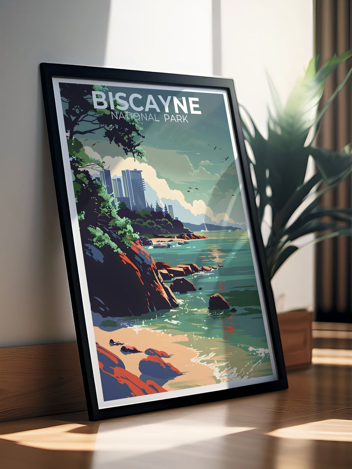 Elegant Biscayne National Park wall art depicting Biscayne Bay Trail and coral reefs, showcasing the parks natural and underwater beauty. Perfect for adding sophistication and a touch of nature to any room.