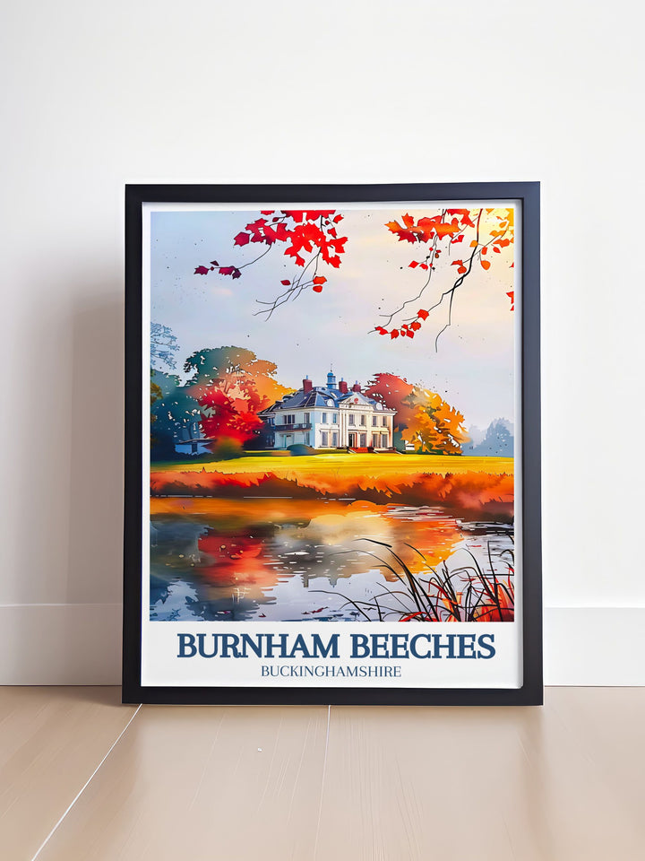 Beautifully illustrated, this vintage travel print showcases the lush landscapes of Burnham Beeches and the quaint village of Farnham Common, ideal for nature lovers and history enthusiasts.