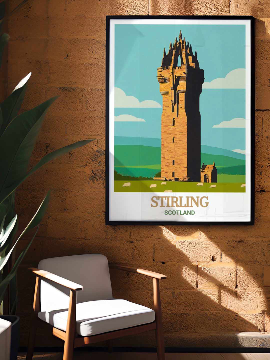 The National Wallace Monument, a tribute to Scotlands most famous hero, is showcased in this detailed Scotland travel poster. Its towering structure and scenic surroundings make it an excellent piece of wall art for lovers of Scottish history.