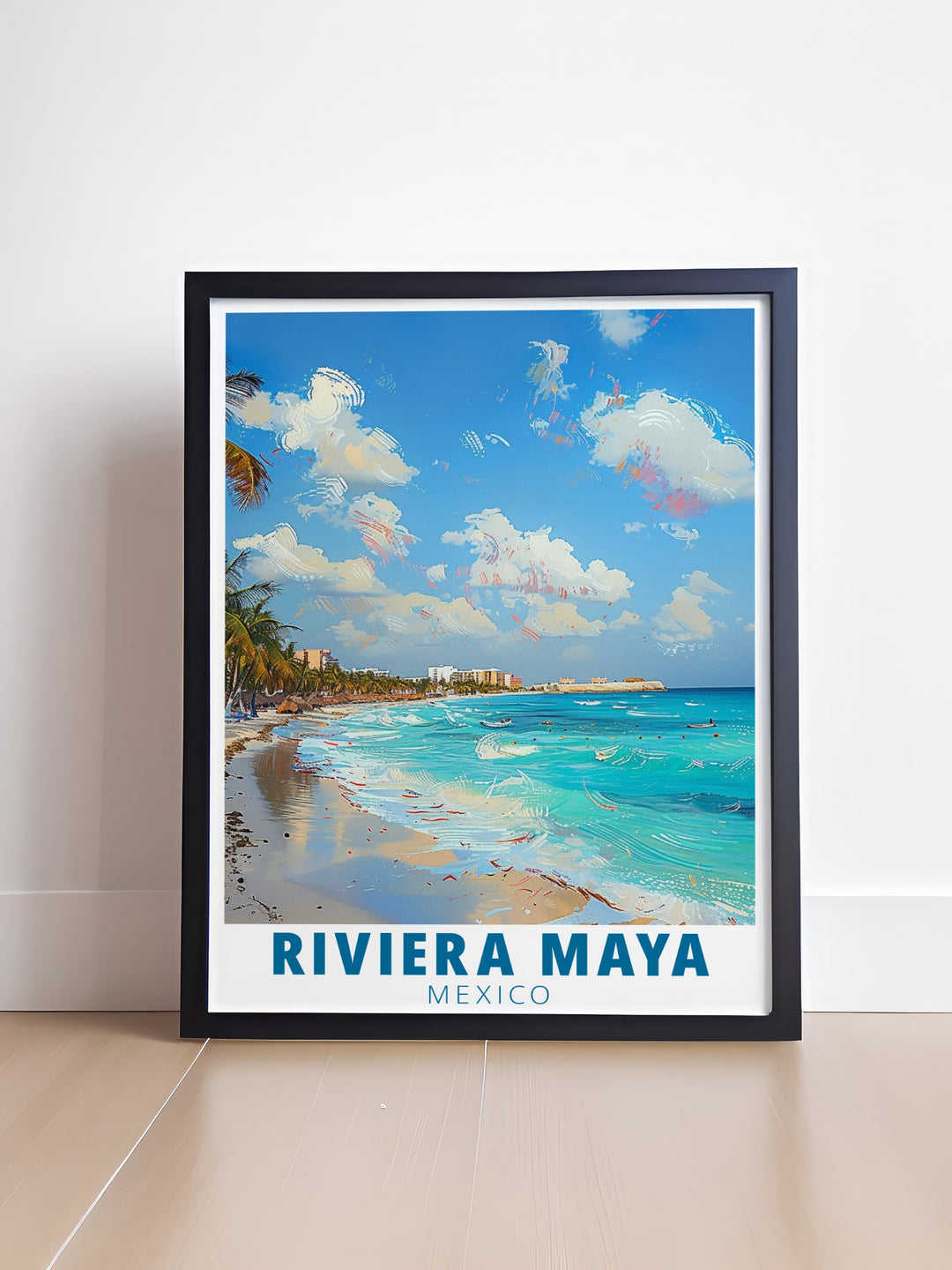 This tropical inspired Riviera Maya art print showcases Playa del Carmens crystal clear waters and iconic beaches, making it a great addition to any room. Ideal for those who love beach decor and travel art.