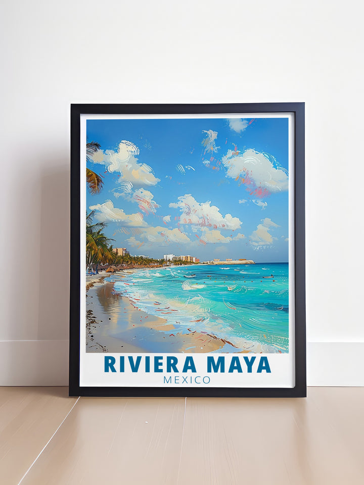 This tropical inspired Riviera Maya art print showcases Playa del Carmens crystal clear waters and iconic beaches, making it a great addition to any room. Ideal for those who love beach decor and travel art.