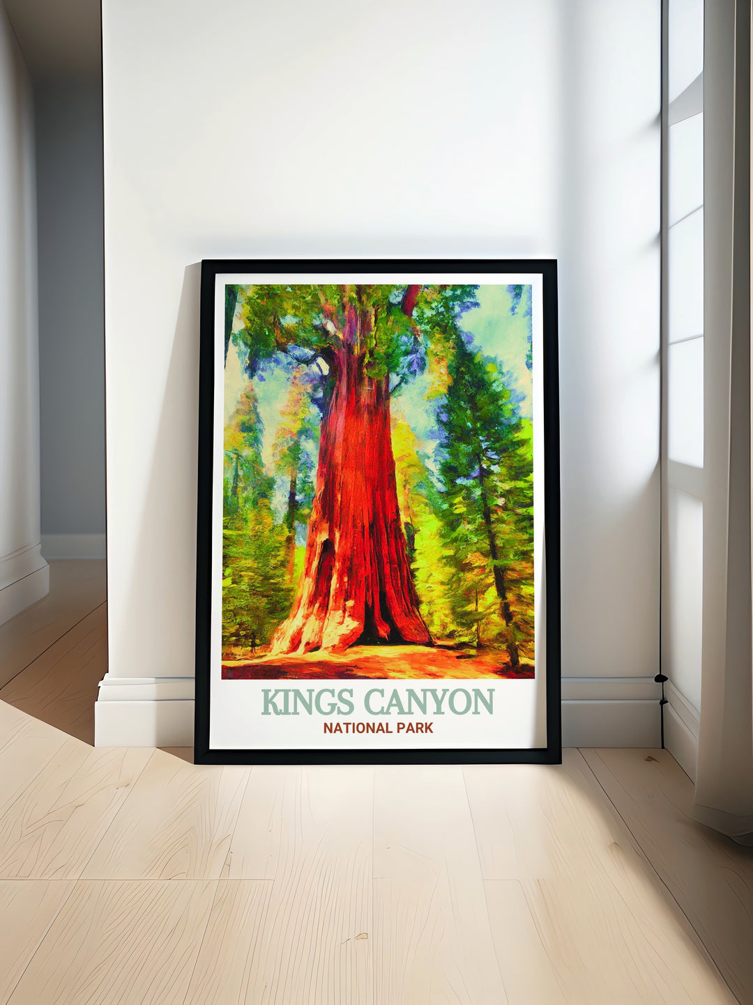 Kings Canyon travel poster featuring the General Grant Tree, part of the breathtaking scenery of this National Park. This wall print brings the beauty of nature and the awe inspiring sequoias of Kings Canyon right into your home, ideal for lovers of National Parks.