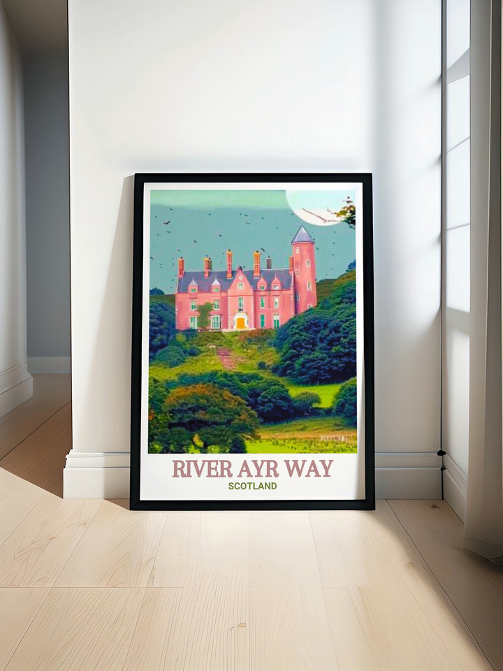 National Park art print celebrating the natural splendor of River Ayr Way and the historic beauty of Sorn Castle. This artwork features the scenic trail and majestic castle, creating a captivating piece for your home decor. A thoughtful gift for friends and family.