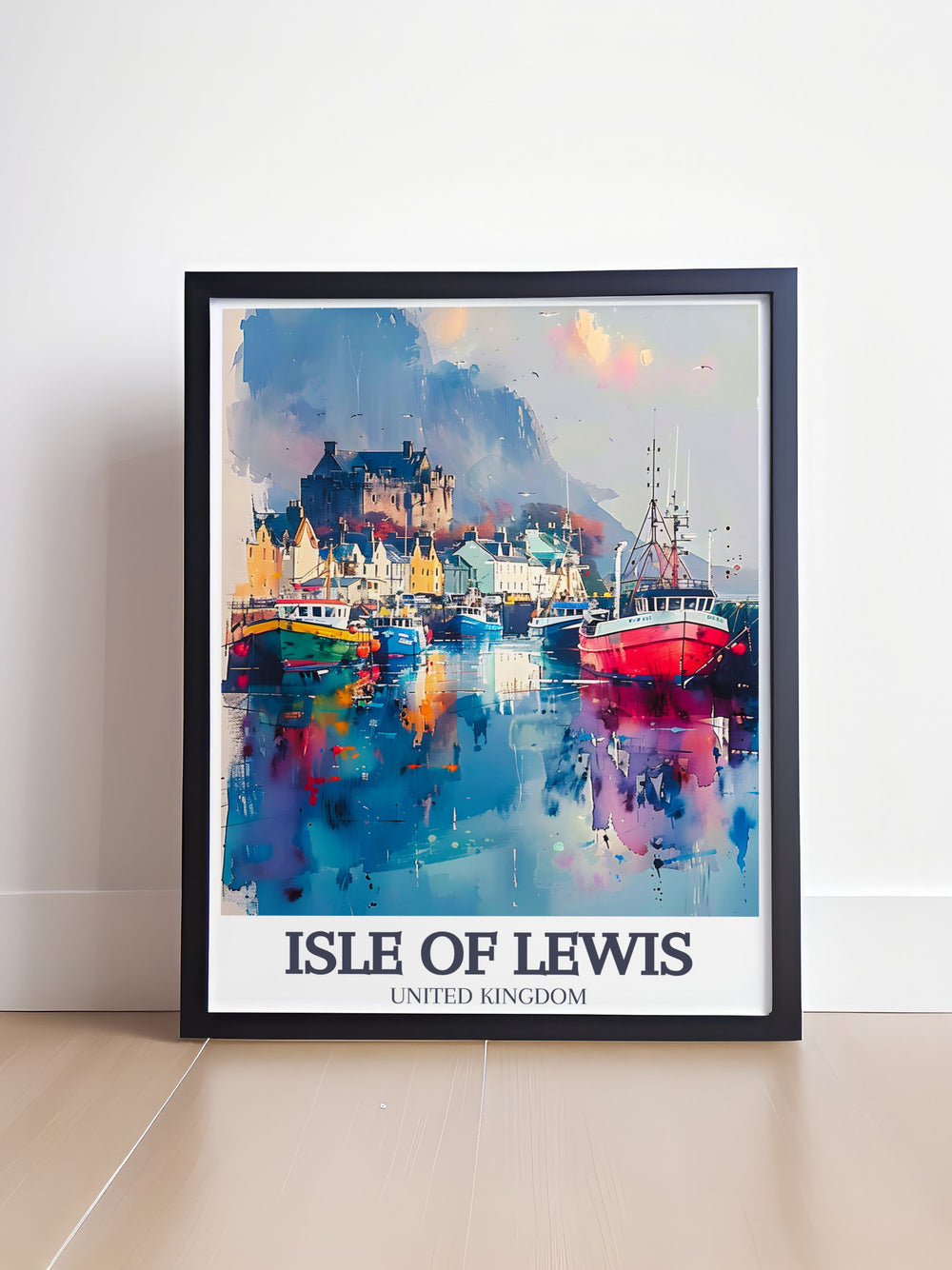 A vibrant Isle of Lewis poster print that beautifully captures the charm of Stornoway Harbour. This artwork highlights the colorful fishing boats and scenic views, inviting viewers to immerse themselves in the stunning landscapes of the Outer Hebrides.