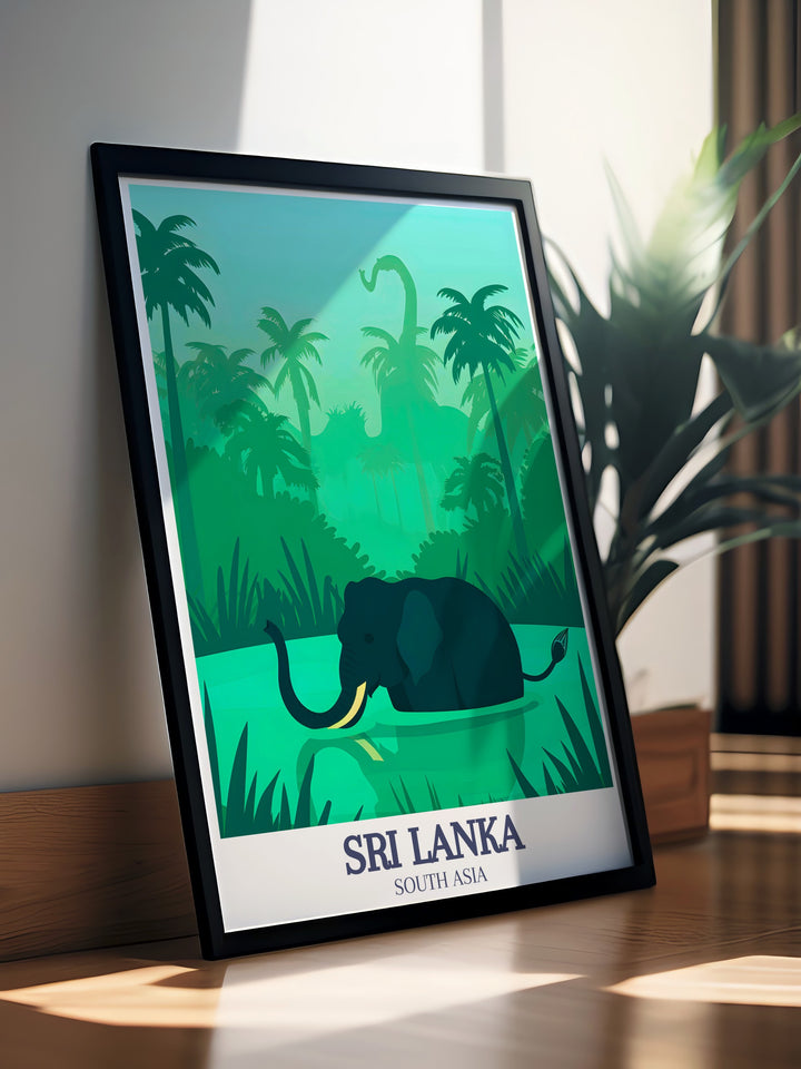 Our vintage inspired travel poster features the iconic Pinnawala Elephant Orphanage and the tranquil village of Pinnawala. With detailed artwork that captures the serenity of this unique location, the print is perfect for nature lovers and anyone looking to bring a piece of Sri Lanka home.