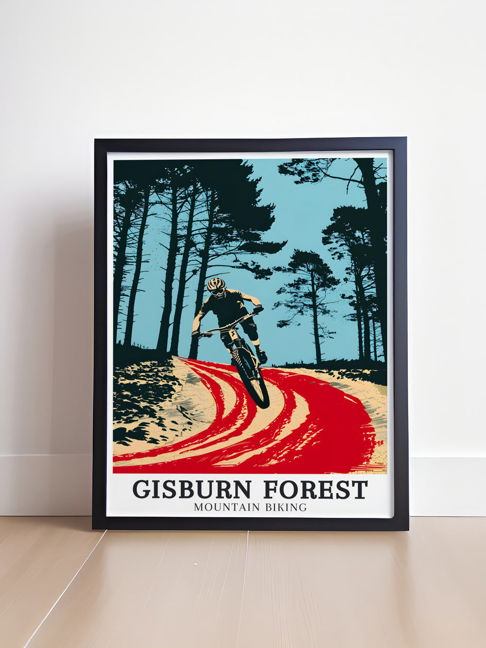 Stunning mountain bike print showcasing the famous MTB trails of Gisburn Forest Hully Gully trail ideal for any cycling enthusiast looking to add a dynamic and adventurous touch to their living space