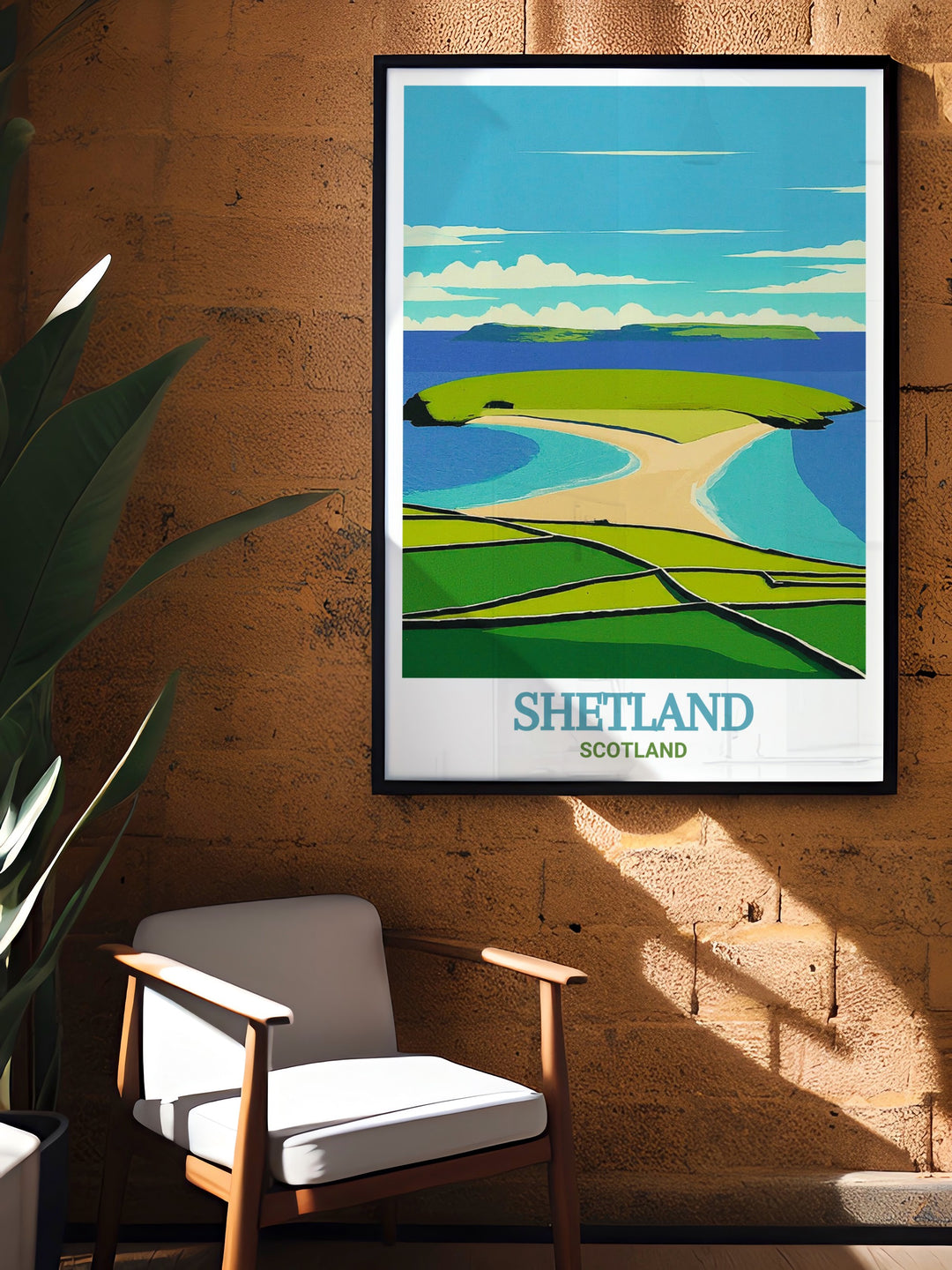 Wall Poster of St Ninians Isle, featuring a detailed depiction of the islands unique sand tombolo and the surrounding coastline. The artwork brings the beauty and tranquility of Shetlands landscapes into your home, making it an ideal choice for those who love Scotlands coastal regions.