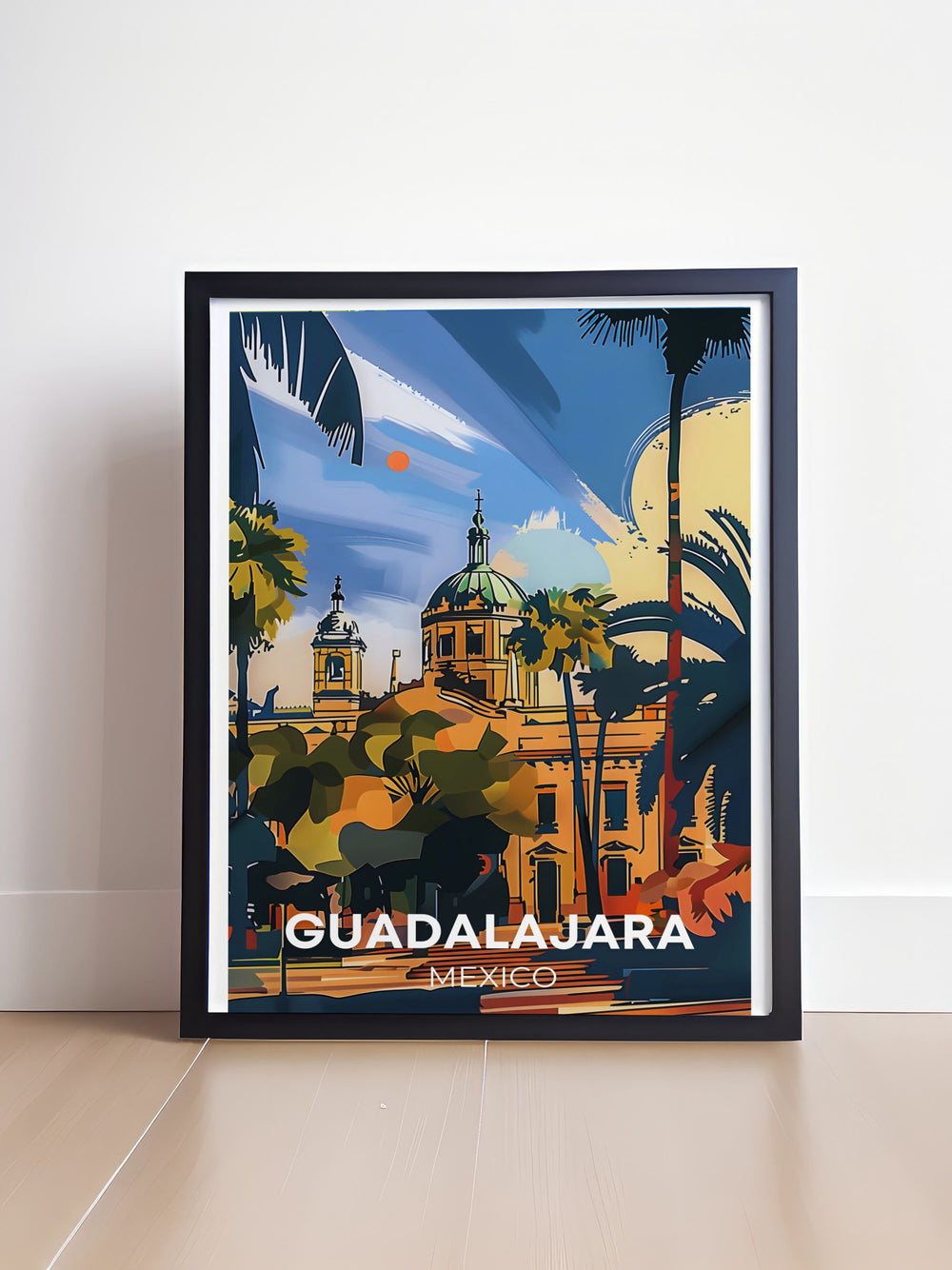 This travel poster of Guadalajara captures the vibrant streets and colorful atmosphere of the city, showcasing its unique charm and lively spirit, perfect for adding a touch of Mexican culture to your home decor.