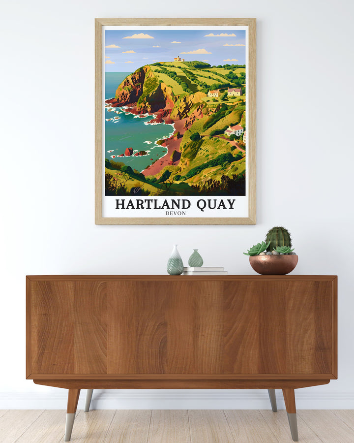 Hartland Quay framed art illustrating the dramatic cliffs and powerful waves that define the coastline. With its intricate detail and vibrant color, this vintage inspired poster brings the rugged beauty of Hartland Quay into your living space, offering a sense of adventure and natural wonder.