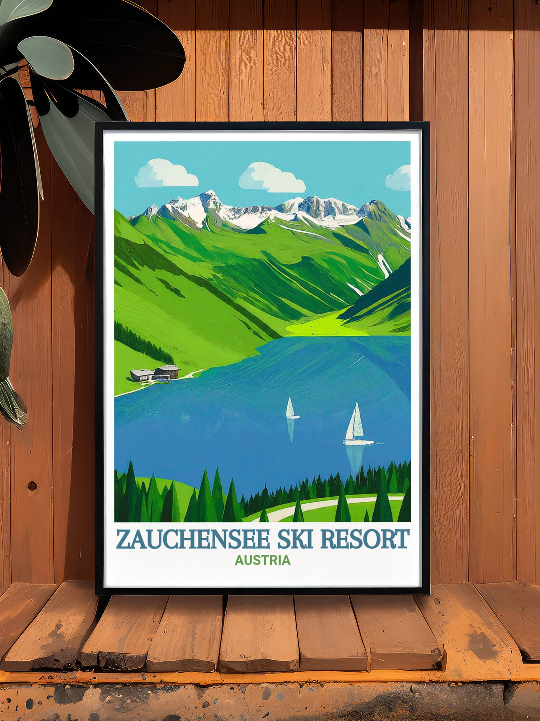 Elegant Zauchensee Lake Framed Print showcasing the pristine beauty of the lake surrounded by majestic peaks creating a sophisticated wall decor piece