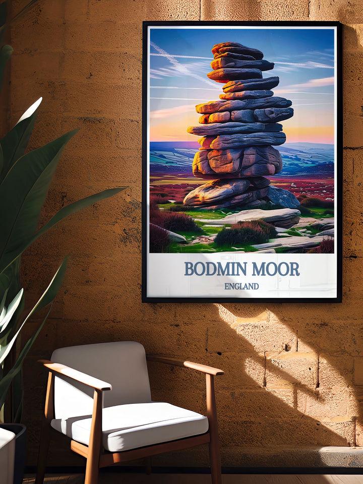 Poster of the Cheesewring at Bodmin Moor, with vibrant colors and intricate details that highlight the unique shape and historical significance of this natural rock formation, perfect for art enthusiasts.