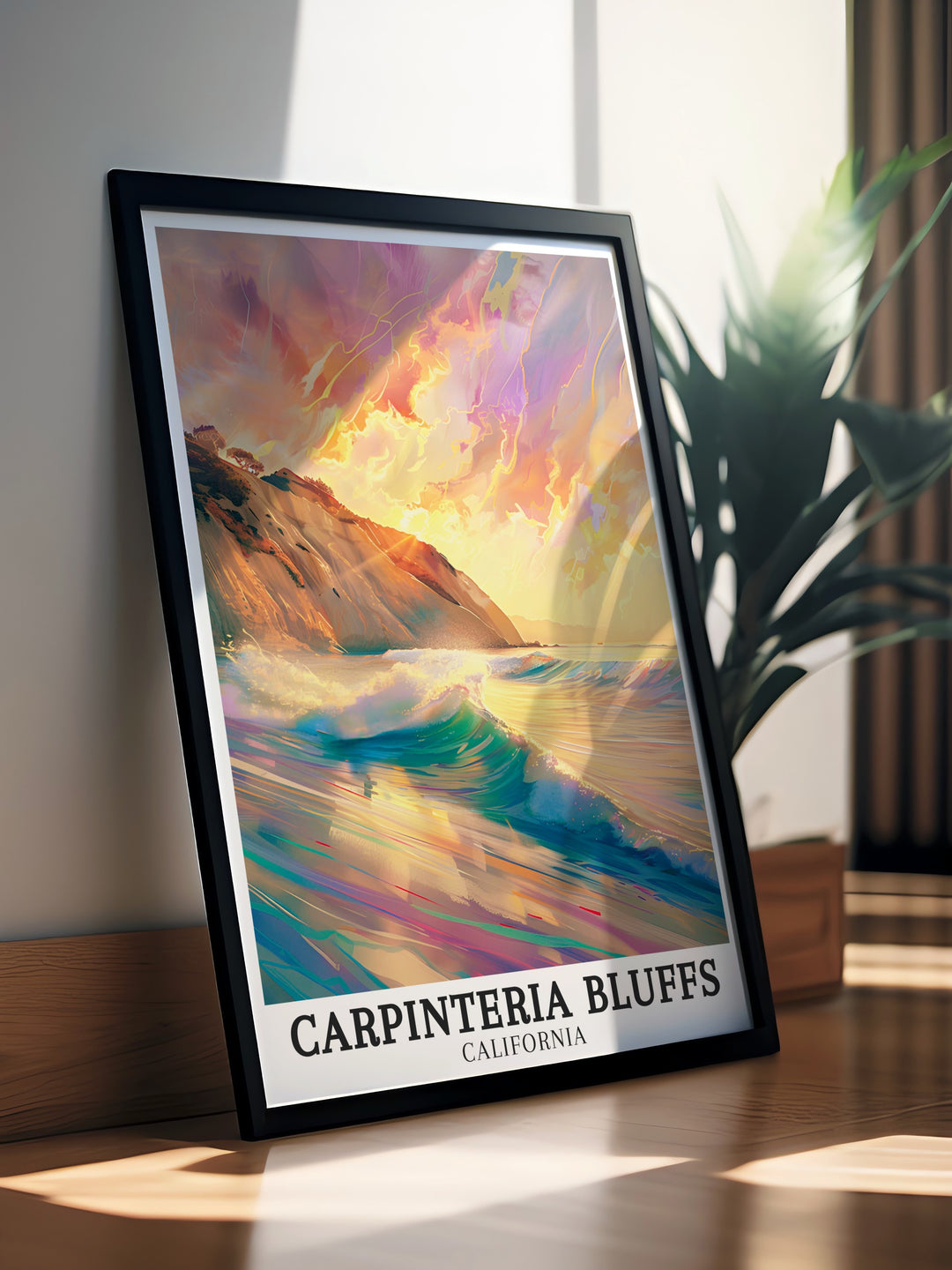 Elegant California artwork featuring Carpinteria Bluffs Nature Preserve and Carpinteria State Beach a stunning piece for those who appreciate Californias natural beauty and wish to bring a piece of the Golden State into their home decor