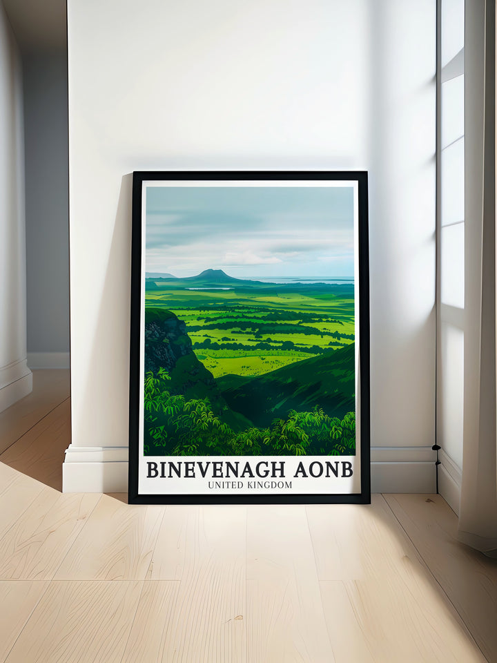 Binevenagh Mountain Walk Limavady art print featuring the breathtaking landscape of Binevenagh AONB and the Antrim Plateau in Northern Ireland perfect for home decor and vintage travel print collections National Park poster ideal for any living space