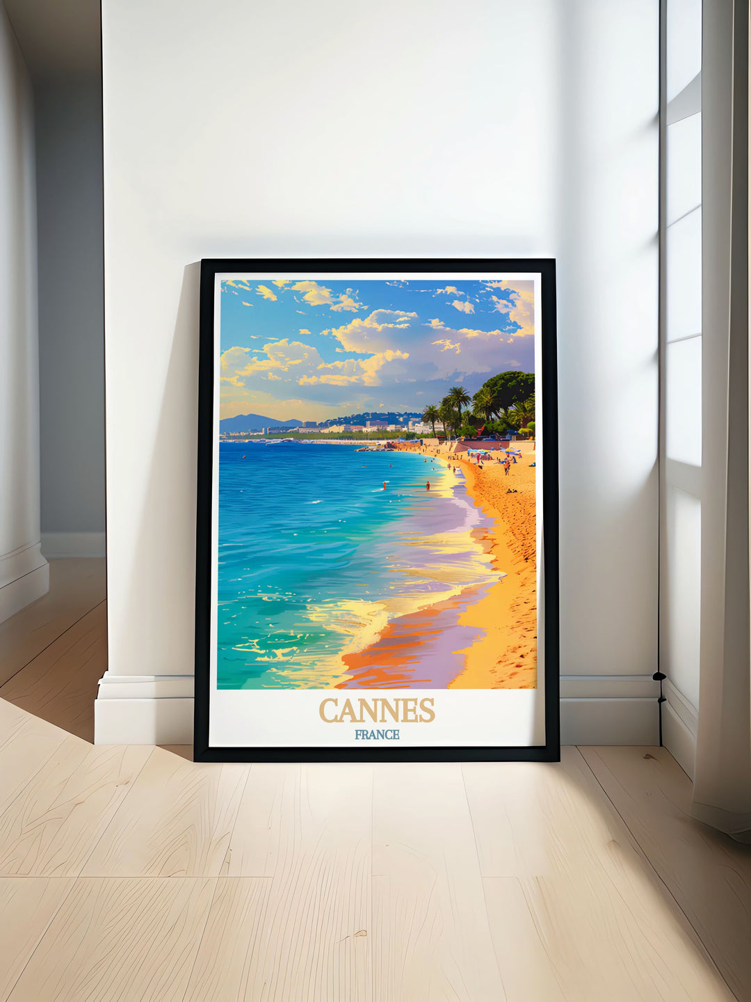 Beautiful Plage de la Croisette wall art showcasing the serene beach of Cannes perfect for adding a touch of French elegance to any room this France travel print captures the essence of the iconic seaside destination a must have for any art lover and home decor enthusiast