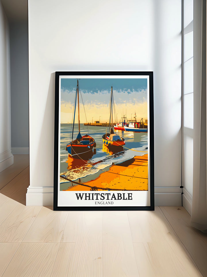 Art print of Whitstable Harbour highlighting its maritime heritage and coastal charm. This detailed illustration is perfect for adding a touch of seaside magic to your living space, creating a serene and inviting atmosphere.