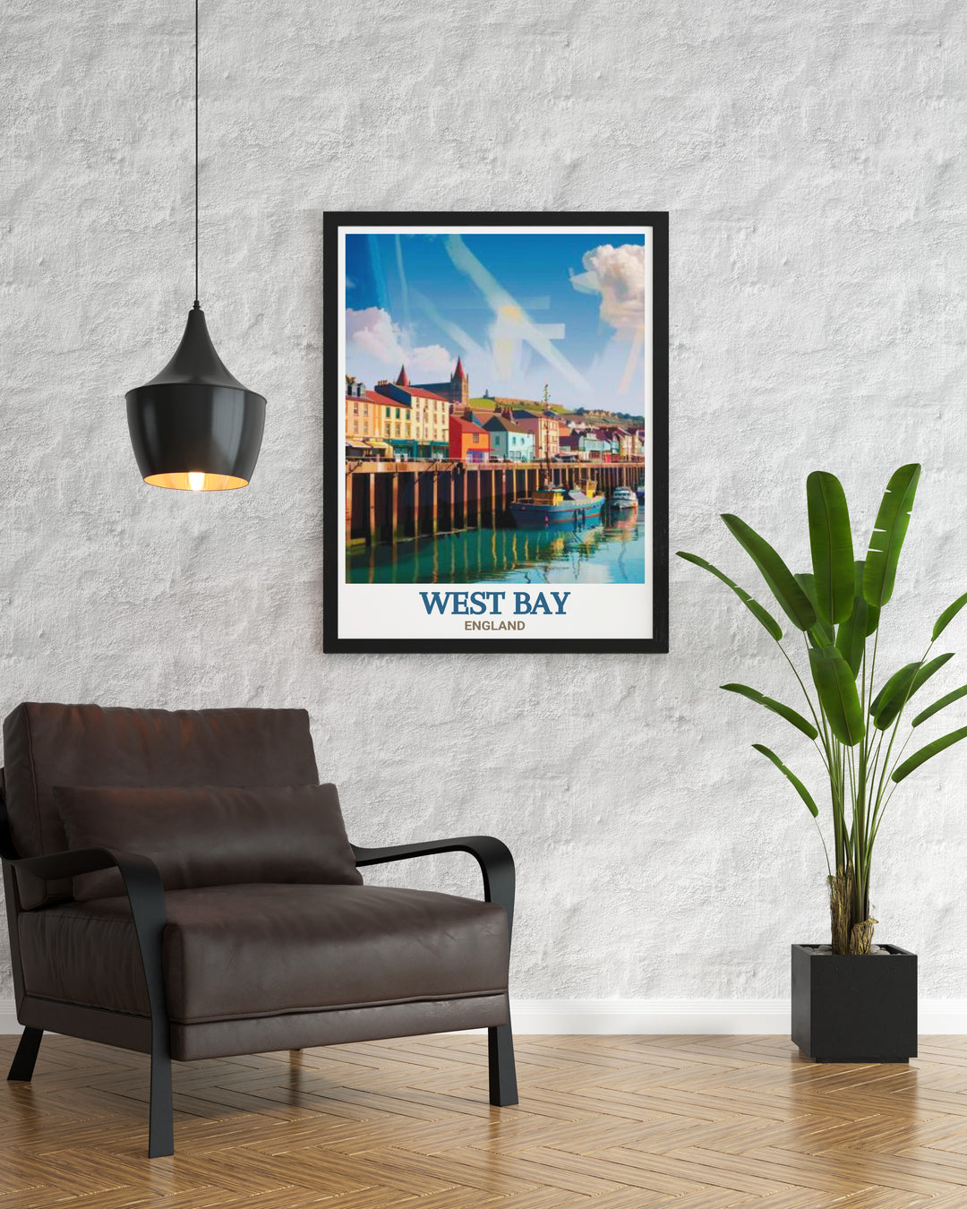 West Bay poster print featuring the vibrant harbor and surrounding cliffs of the iconic Jurassic Coast. This England travel print offers a striking representation of the natural beauty and maritime history of West Bay Harbour.