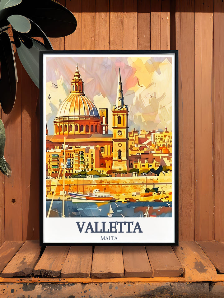 A captivating Valletta poster print that highlights the beauty of Maltas historic city, including St. Johns Co Cathedral and the iconic Grand Harbour. This travel art is ideal for anyone looking to add elegance and culture to their decor.