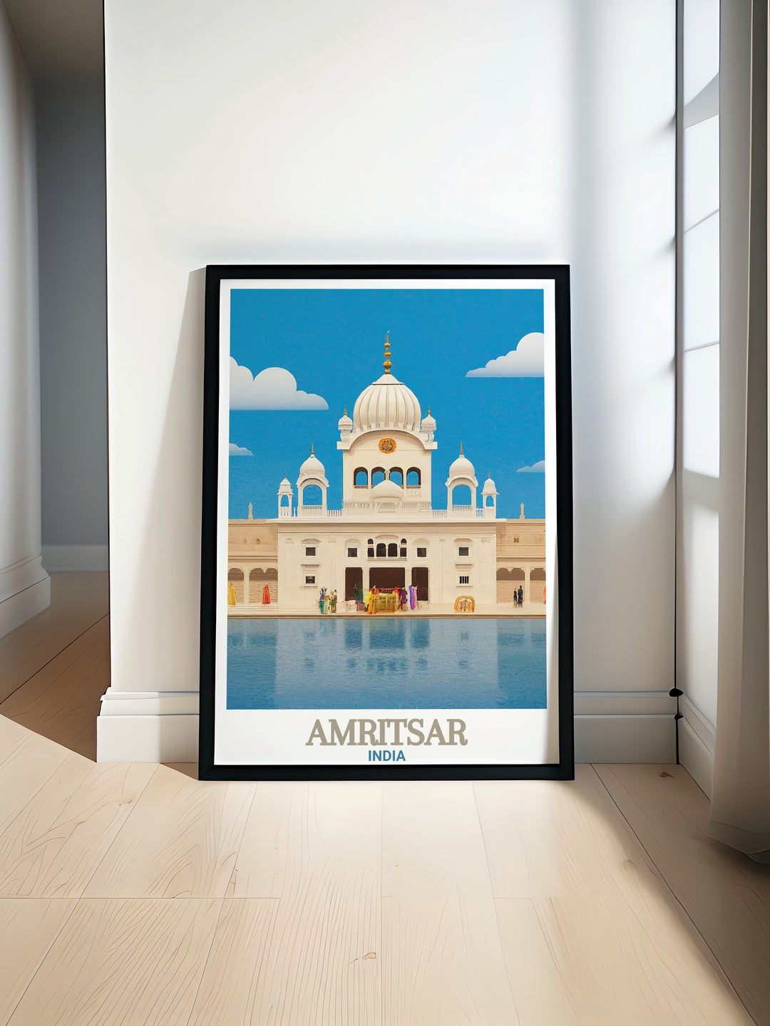 This India travel poster features Amritsars famous Durgiana Temple and the citys vibrant skyline, blending modern city life with spiritual heritage. Perfect for anyone who loves Indian culture or travel themed decor, this wall art adds warmth and cultural depth to your home.