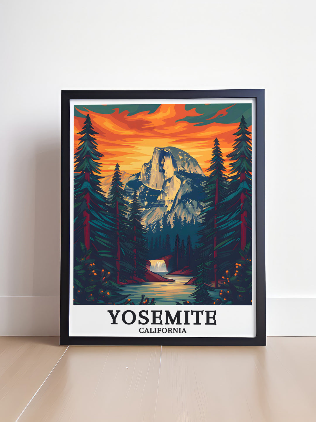 Half Dome Yosemite Falls modern décor print capturing the stunning vistas of Yosemite National Park ideal for wall art and elegant home decoration