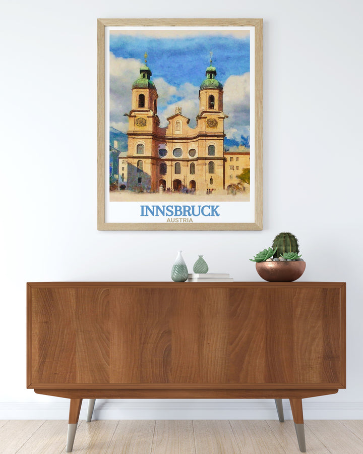 A detailed Innsbruck poster print featuring the historic Innsbruck Cathedral. The artwork captures the Baroque architecture and stunning detail of one of Austrias most iconic landmarks. Perfect for home décor or as a thoughtful travel gift.