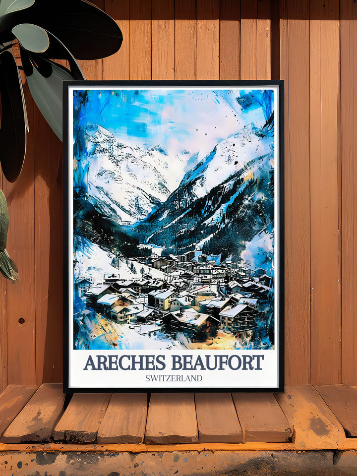 Beaufort Village Grand Mont Ski Resort Wall Art captures the adventure of the Savoie Mont Blanc region A retro ski poster that brings the beauty of Areches Beaufort and Les Saisies into your home perfect for adding a touch of alpine elegance to any room