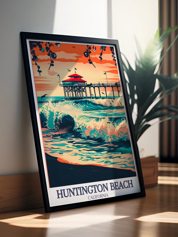 Huntington Beach Pier against the backdrop of the Pacific Ocean in a stunning travel print. Perfect for beach enthusiasts, this California art piece is both nostalgic and modern, adding charm to any space.