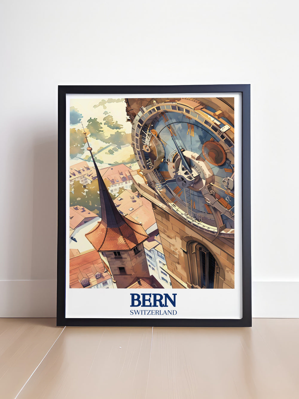 This Bern poster print celebrates the beauty of Switzerlands capital, with iconic landmarks like the Zytglogge Clock Tower and Kramgasse Market Street. Perfect for adding a cultural and historical element to your home decor, this travel print is a wonderful gift.