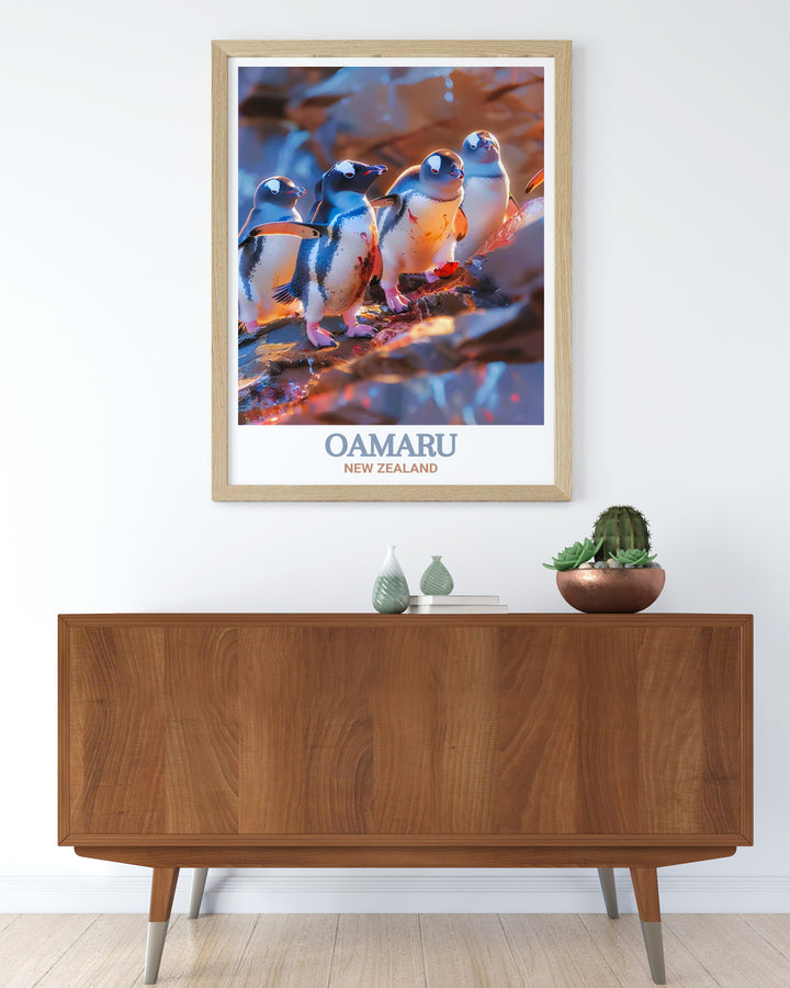 Oamaru Poster Print featuring the lively Blue Penguin Colony in New Zealand. This print captures the charming and playful penguins as they move along the rugged coastline, offering a piece of New Zealands unique wildlife for your home decor.