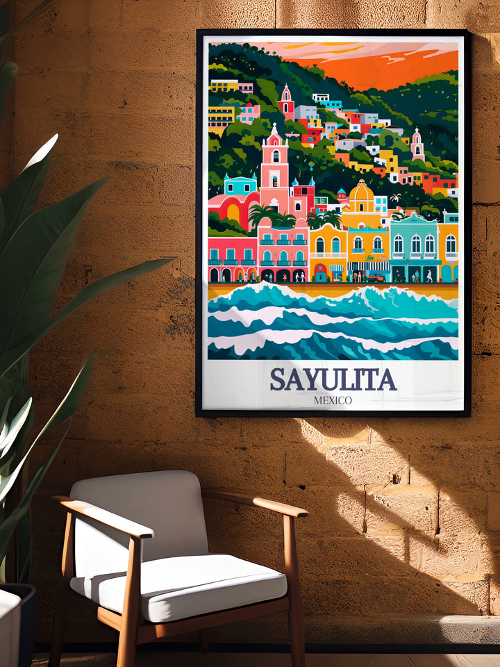 A stunning framed art print of Sayulitas Main Street and beach, this piece showcases the towns bohemian charm and vibrant atmosphere. Ideal for those looking to add a splash of color and culture to their decor.