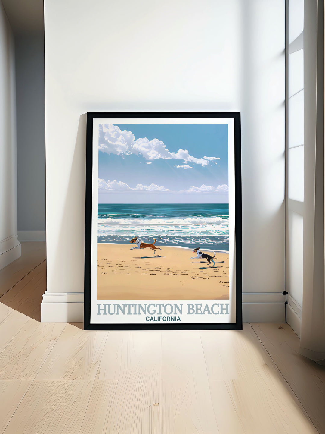 Huntington Beachs pier and dog friendly beach are captured in this colorful wall poster, bringing Californias coastal magic into your home. A great gift for anyone who loves the outdoors and Californias famous beaches.